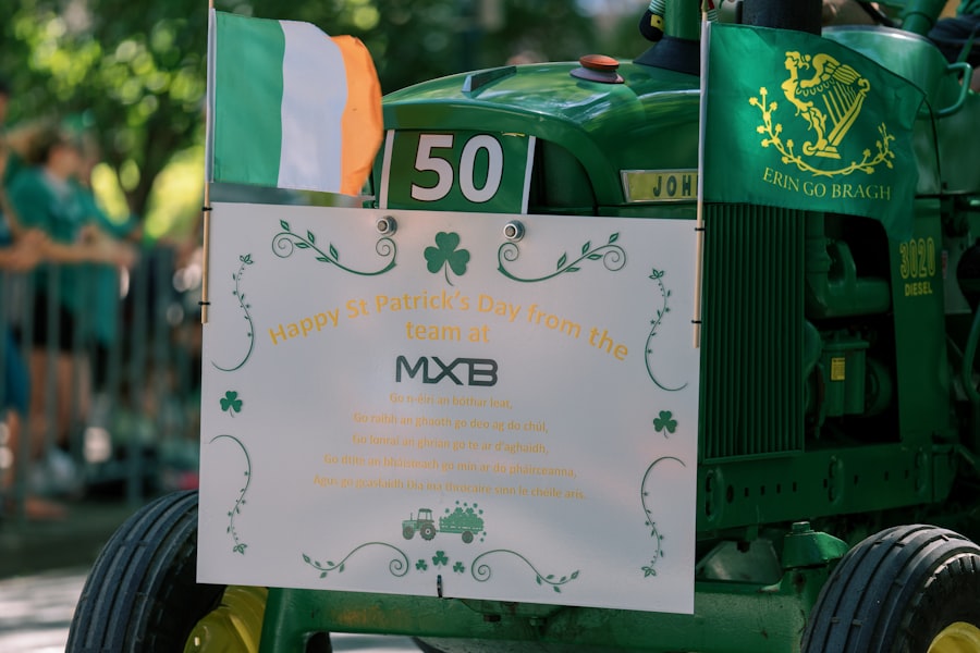 Green tractor with irish flag and shamrocks