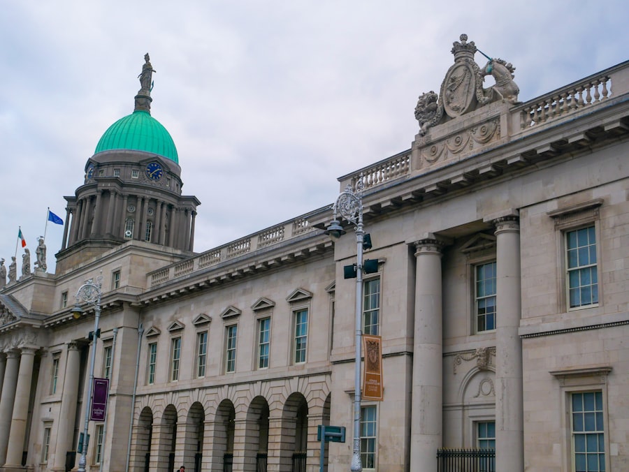 a large building with a green dome on top