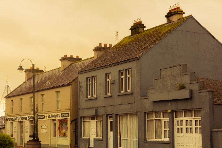 Row of buildings on a street with overcast sky