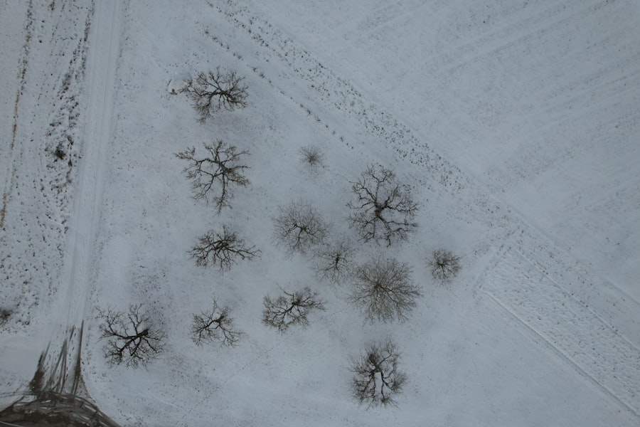 an aerial view of a snow covered field