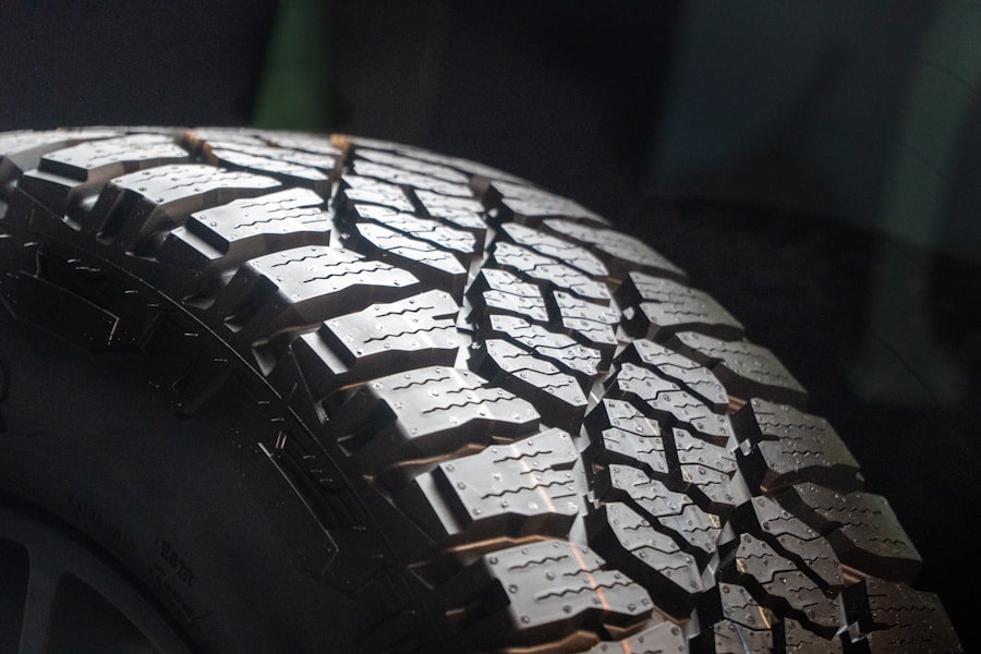 Close-up of a rugged tire tread.
